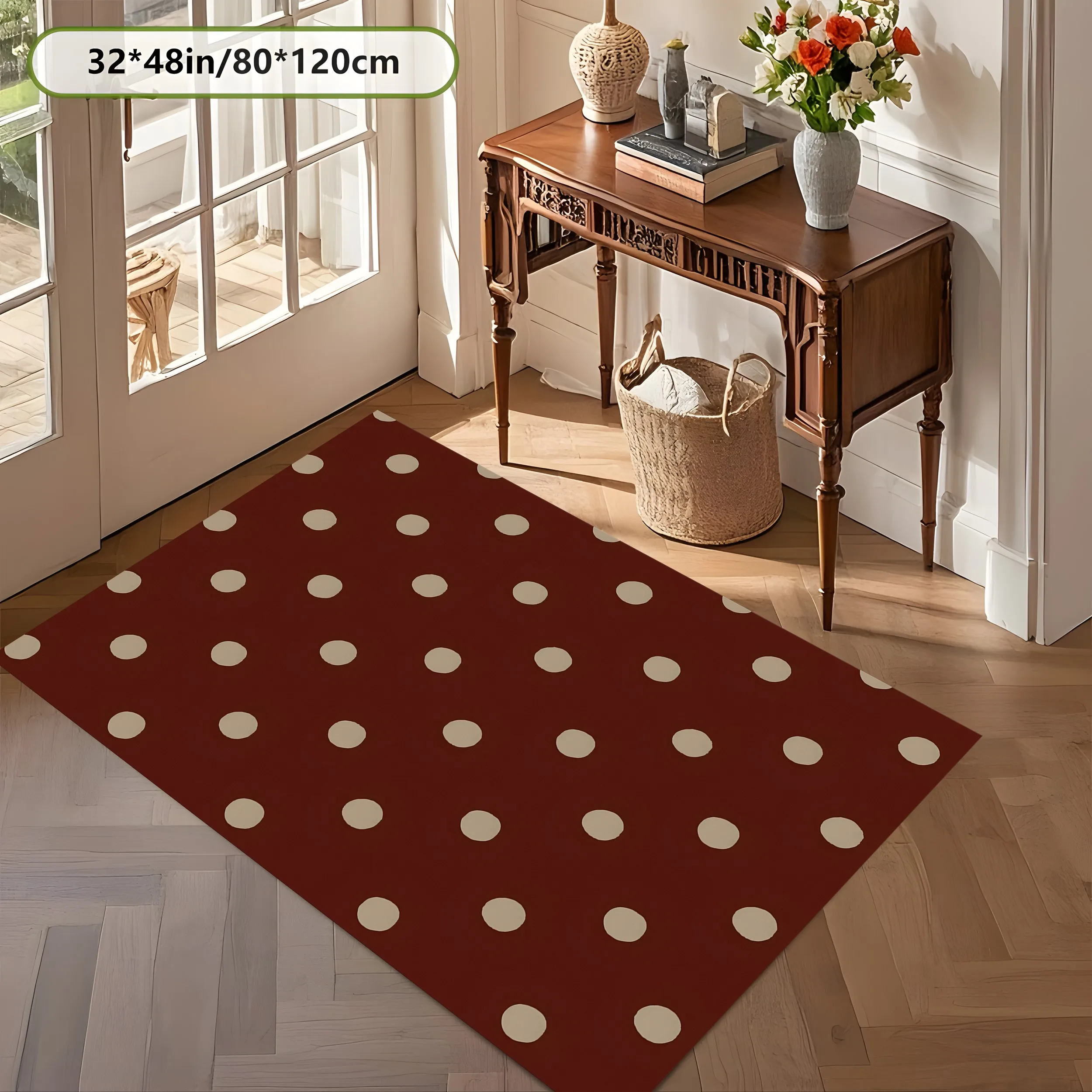 2D Large Rug Reddish Brown Base Creamy White Polka Dots Retro Maillard Style Living Room Bedroom Carpet