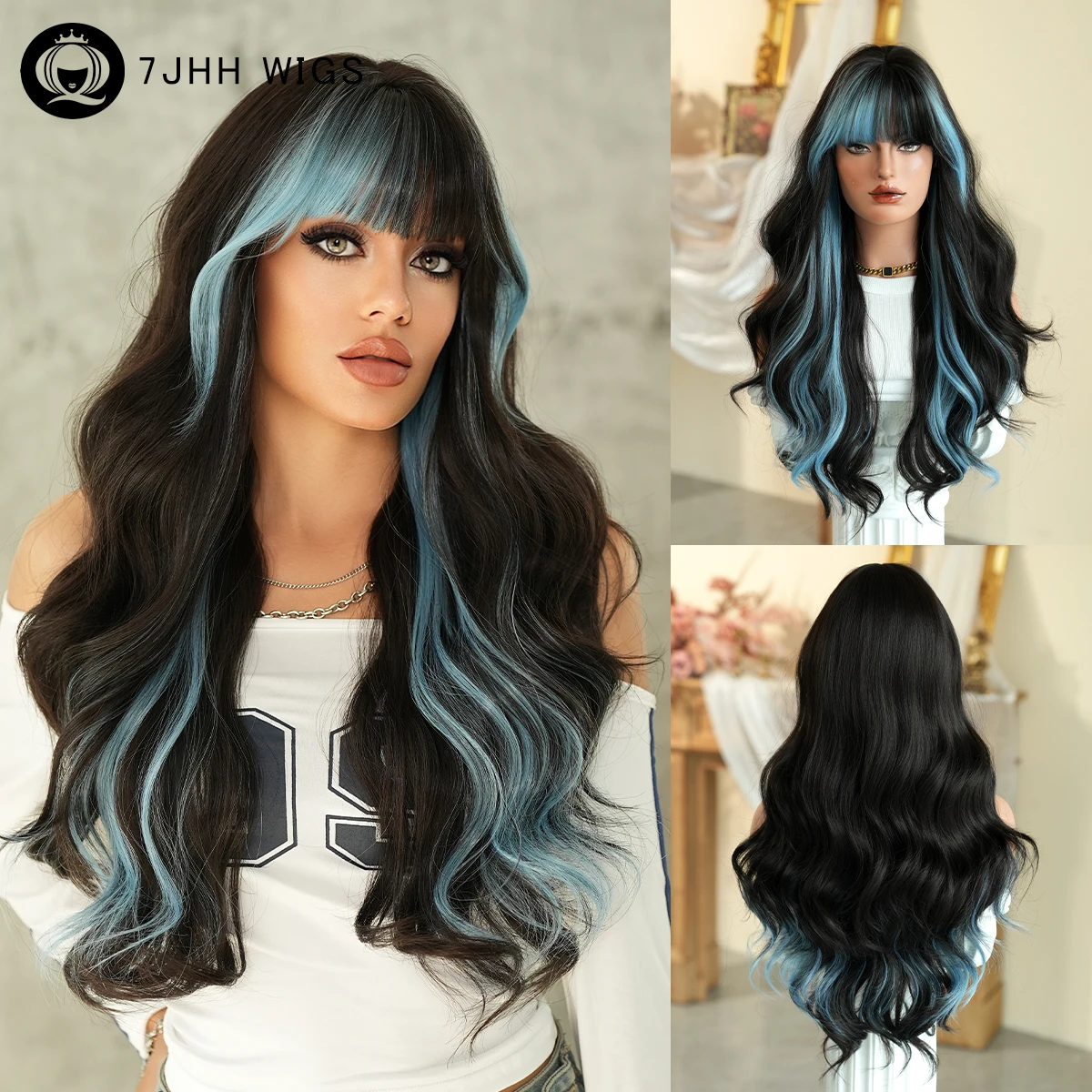 7JHH WIGS Lange Wasserwellen-Perücke Schwarz mit Blauen Highlights für Frauen Hochdichte Synthetische Modische Schwarze Perücken mit Gepflegtem Pony