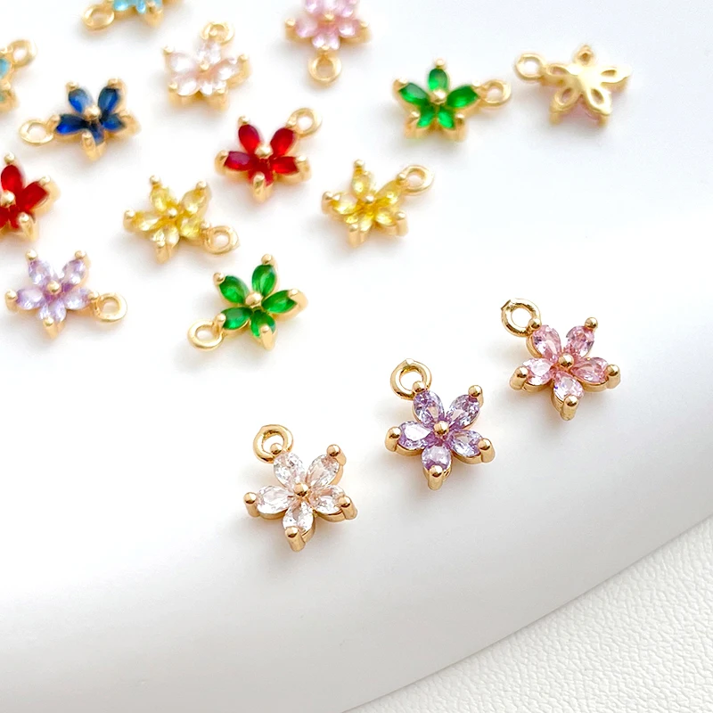 4 pieces  Brass Plated 18K Gold Set Zircon Flower Pendant  DIY Charm Handmade Necklace, Bracelet, Ear Accessories Materials