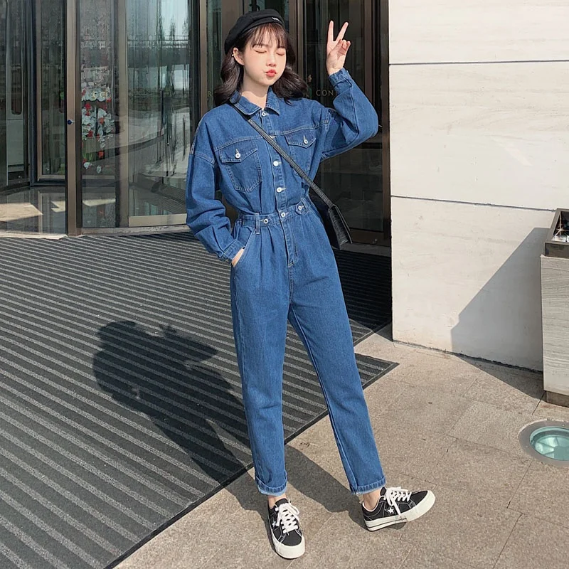 Mono vaquero coreano Sle de cintura alta para mujer, pantalones informales para estudiantes, corte holgado de fibra de poliéster