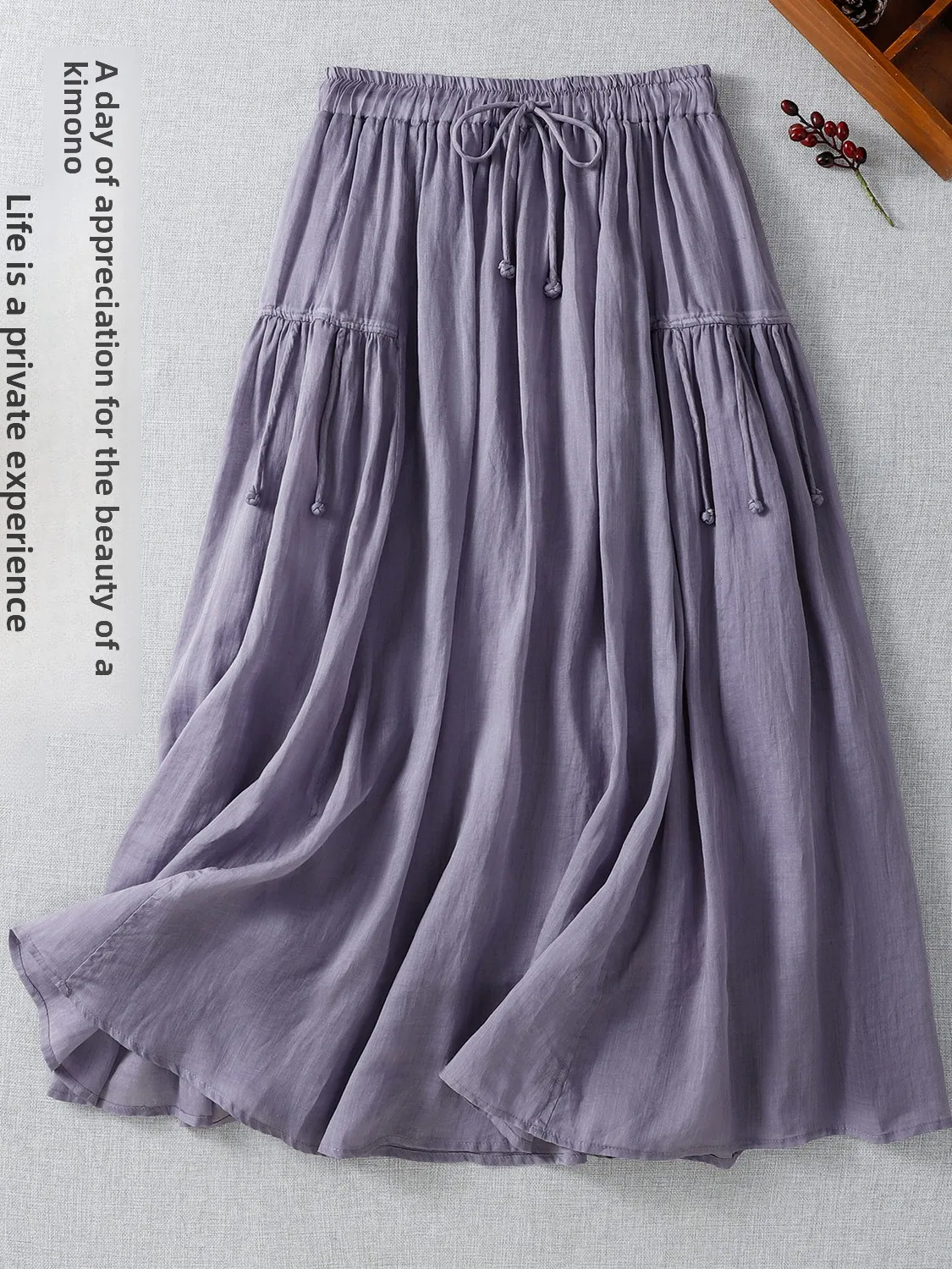 Ele عالية الخصر لون نقي ثنيات فضفاضة مرونة الخصر طويلة عادية ألف خط تنورة حجم كبير الصيف المرأة Faion التنانير