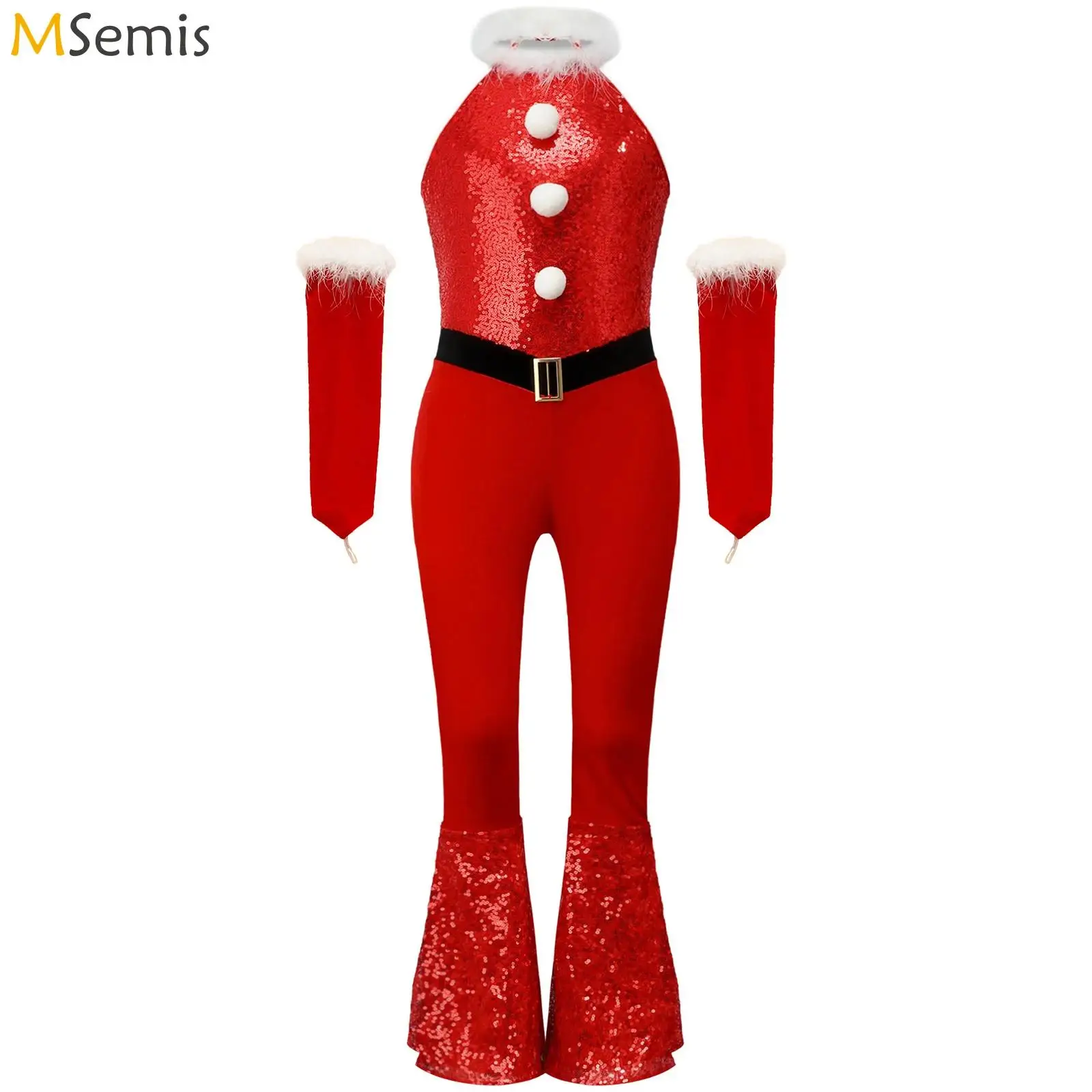 

Girl Christmas Xmas Jumpsuit Velvet Santa Claus Candy Cane Cosplay Costume Plush Sequins Gymnastics Ballet Dance Flared Jumpsuit