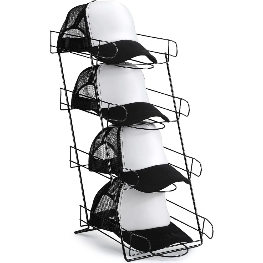 4 Tier Hat Display Stand - Stylish Rack for Retail, Home Organization (Black)