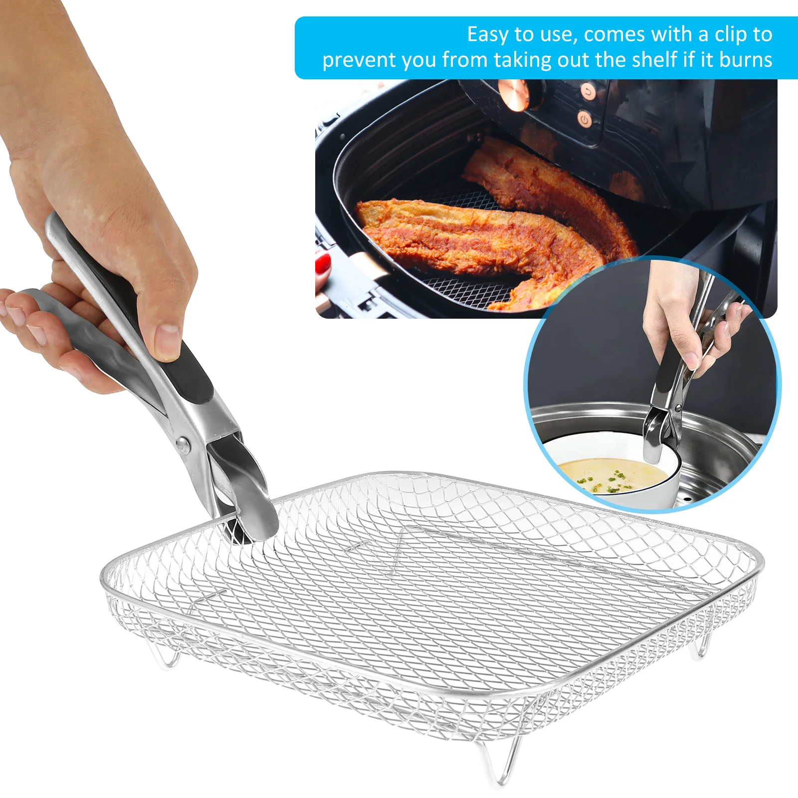 Air Fryer Dehydrator Rack Stainless Steel Dehydrator Rack Grill Square Steam Grill 3-Layer Stackable Air Fryer Accessories