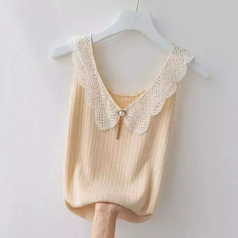 Summer New Ice Silk Tank Top Women Korean Fashion V-neck Solid Patch Lace Pearl Decoration Casual Sexy Sleeveless Bottoming Vest