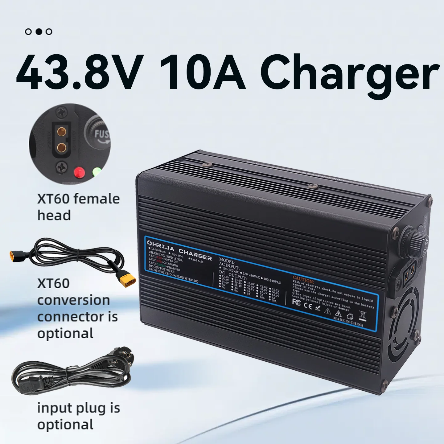 

OHRIJA 43.8V 10A charger quick aluminum shell suitable for 12S 36V LiFeP04 battery charger detachable connector plug is optiona