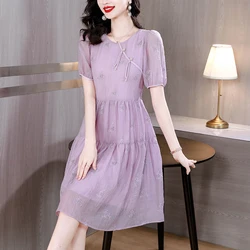 2023 Summer New Purple Embroidery Short Sleeve Dress Women's O-Neck Chinese Style Loose and Slim Dress Bohemian Robe