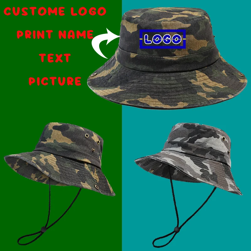 Custom Logo Camouflage Sunshade Bucket Hat Spring and Autumn Outdoor Fishing Hats Men Sunshade Windbreak Rope Lace Bob Cap