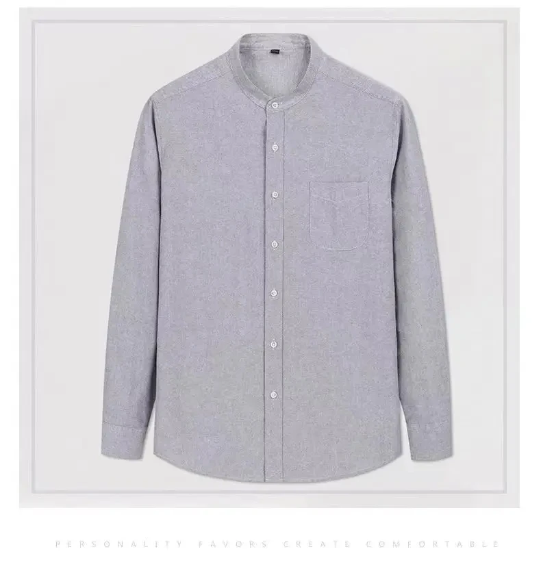 4XL Classic Stripe Solid Color Stand Collar 100% Cotton Men's Long Sleeve Shirt Work Business Office White Shirt Men Long Sleeve