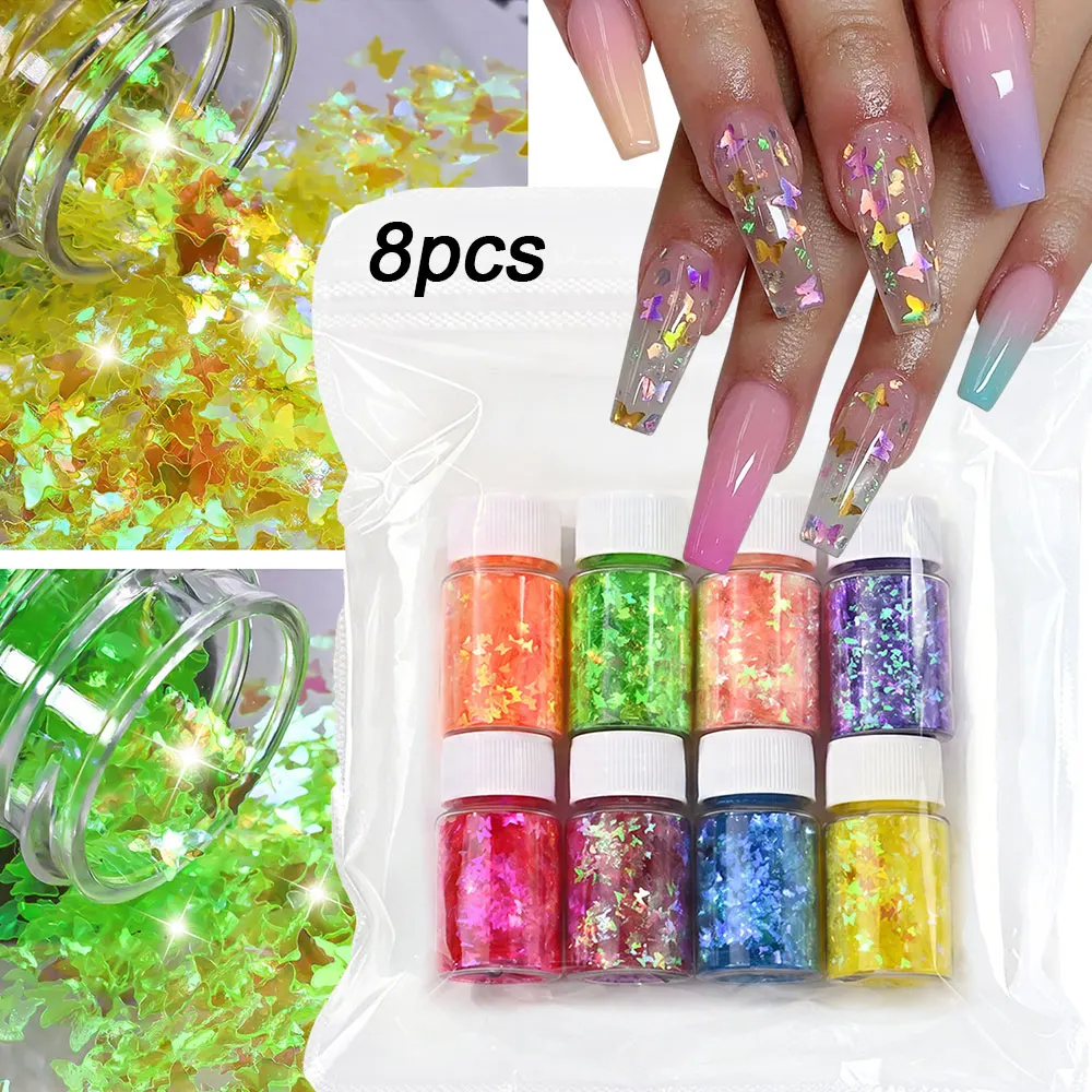 

8pcs/set Colorful Butterfly Nail Glitter Sequins Laser Holographic Butterfly Nail Flakes 3D Face Body Manicure Paillettes Decora