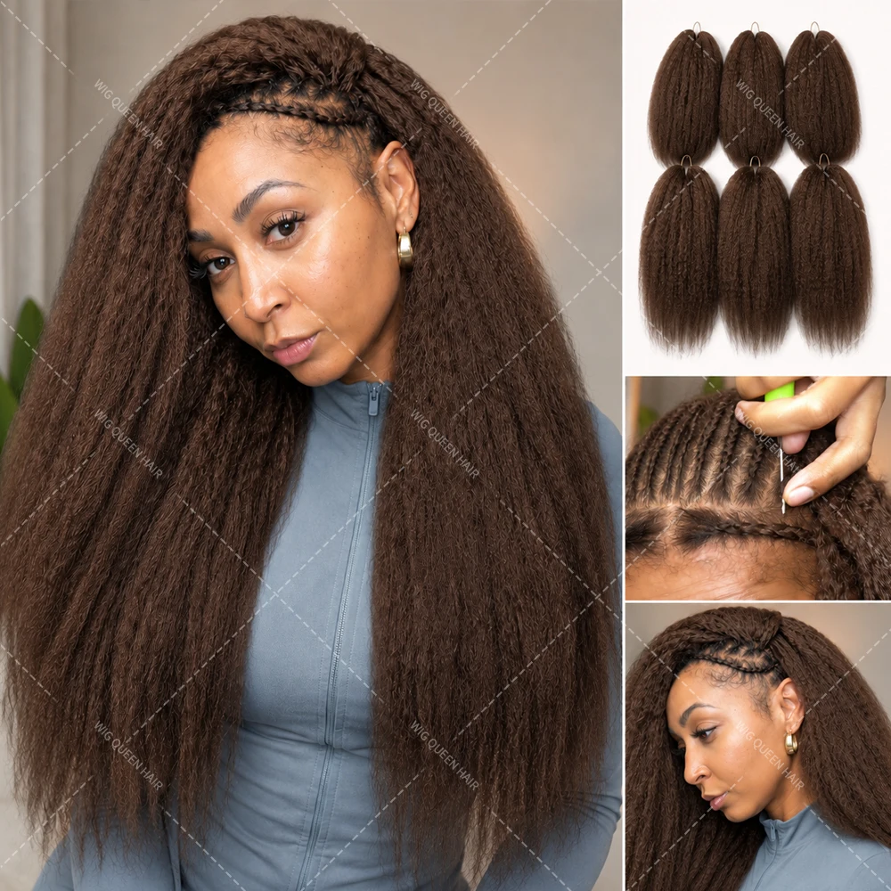 Brown Kinky Straight Crochet Human Hair Pre Looped Afro Yaki Extensions Soft Full Natural Look Protective Style For Women