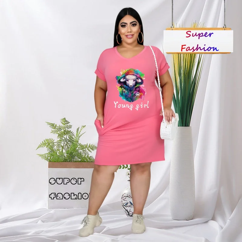 

WSFEC 2XL-6XL 2023 Summer Short Sleeve New Fashion Sheep Pattern Plus Size Dress for Women Clothing Casual Loose Midi Dress