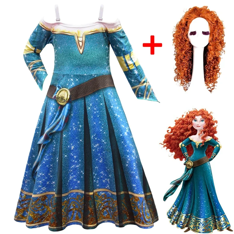 Halloween Girls Merida Dress Brave Performance Costume Summer Birthday Party Feifei Sleeves Green Gothic Vintage Dresses Wig