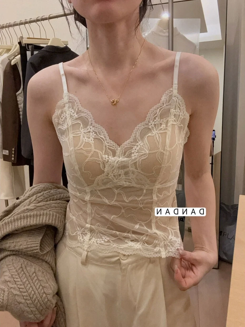 Pure Desire Lace Strap Vest Women's Suit Inner Wear Base with Chest Pad Beautiful Back Bra Integrated Backless Top
