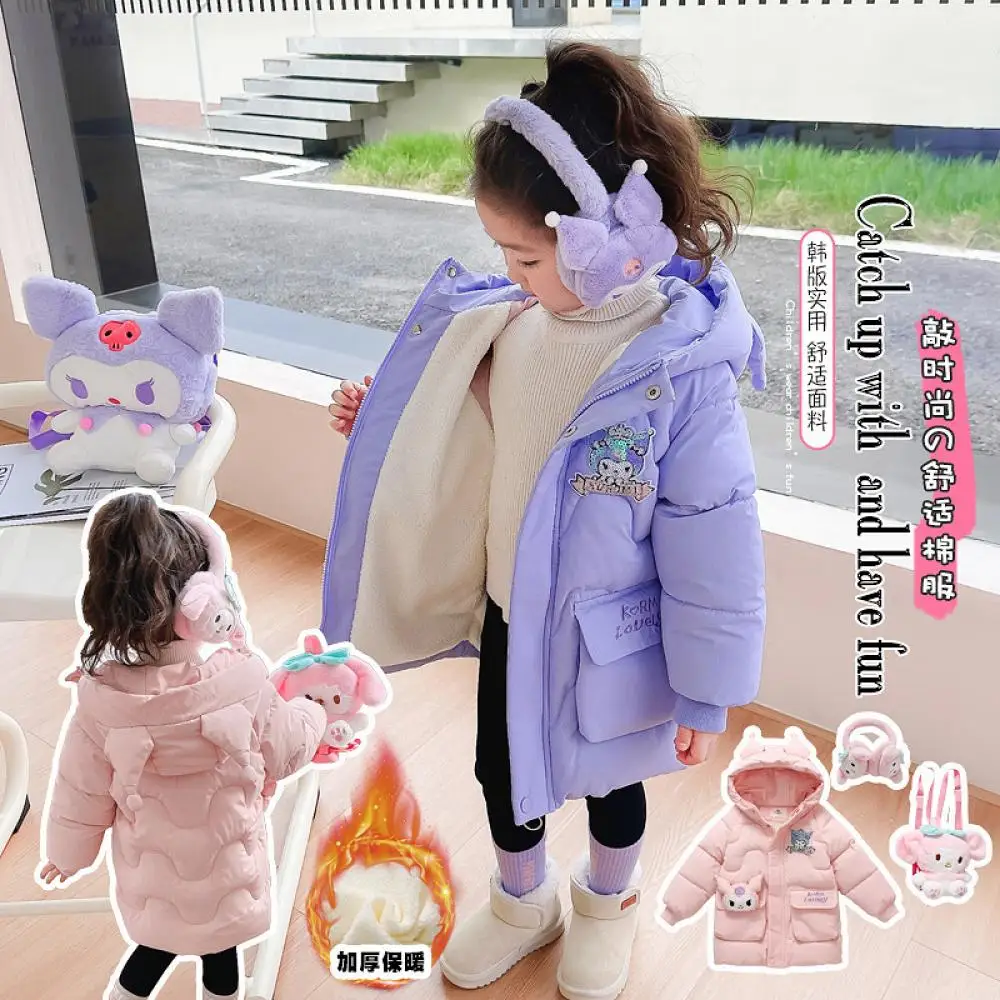 Cute Girls Kuromi Thicken Cotton Coat Sanrio Cartoon Plus Velvet Cotton Padded Jacket Kawaii Princess Kids Winter Warm Clothes