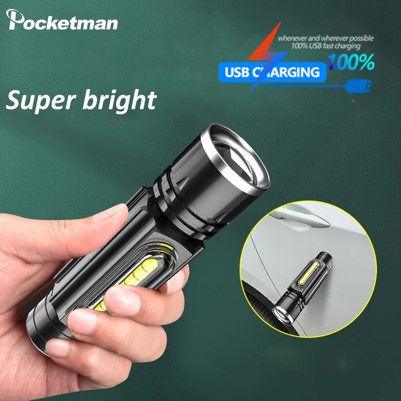 

Super Bright LED Flashlight with COB Side Lights 5 Lighting Modes Magnetic Base Hook Portable USB Rechargeable Torch