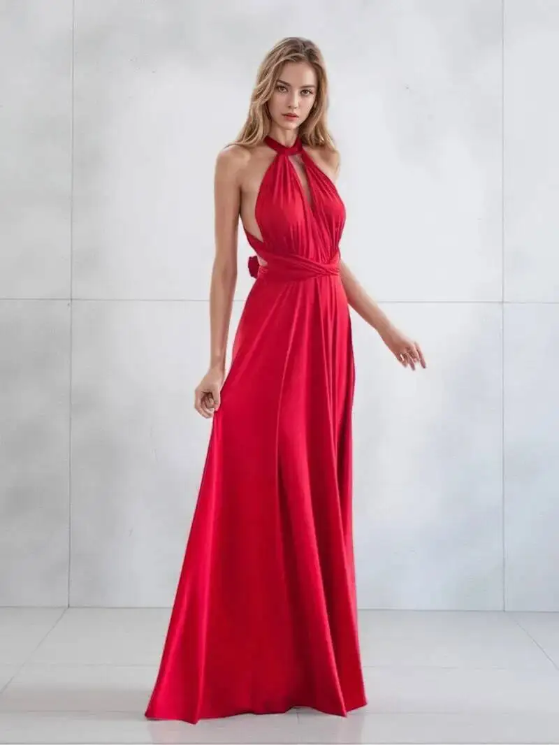 Seksowna Sukienka Maxi Boho z Wieloma Sposobami Noszenia, Czerwona Sukienka Bandage na Imprezę, Sukienka Druhny, Sukienka Infinity Robe Longue Femme