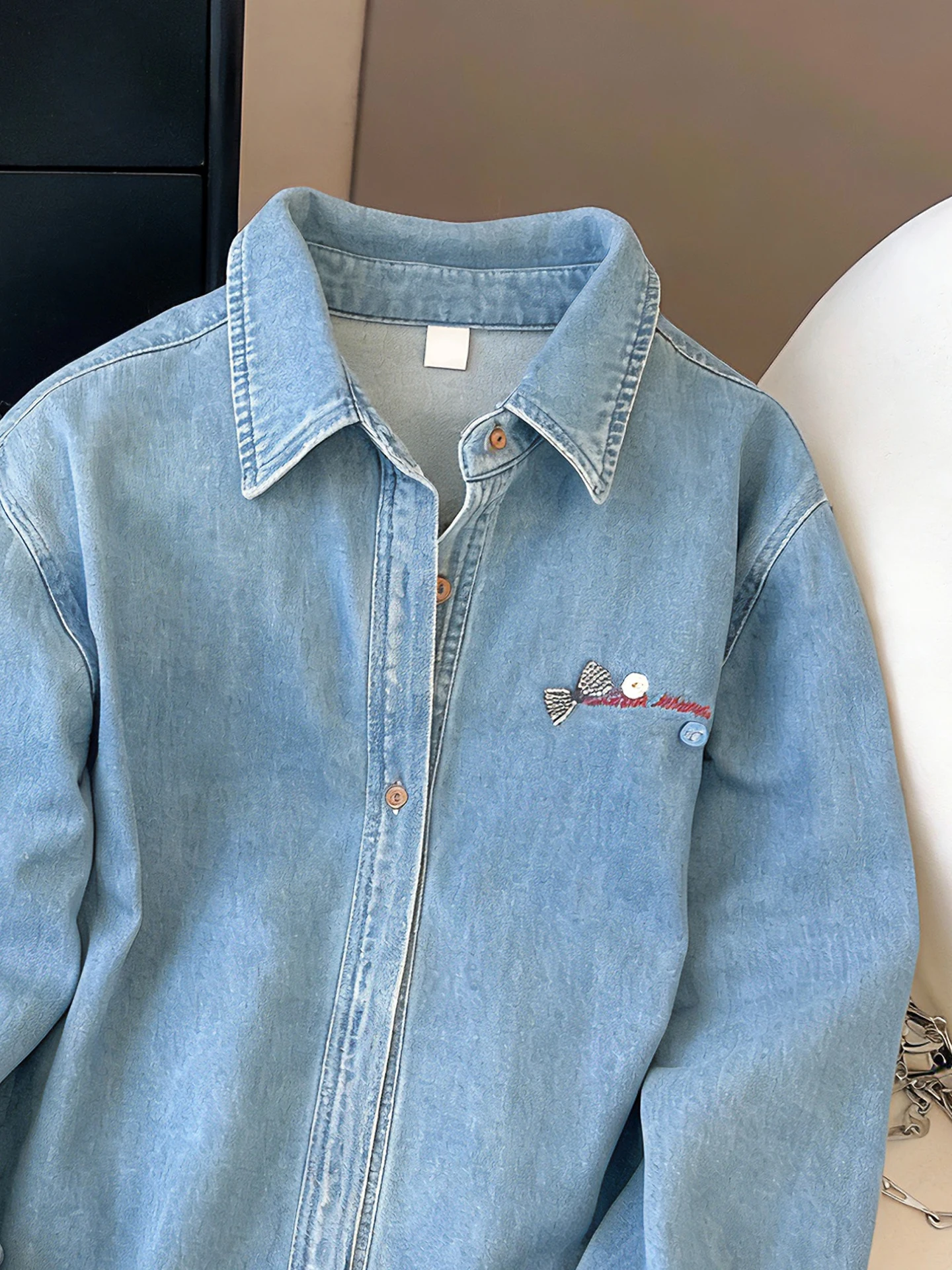 Rétro Waed brodé coupe ample décontracté Denim irt pour les femmes printemps automne Faion minceur col rabattu haut à la mode