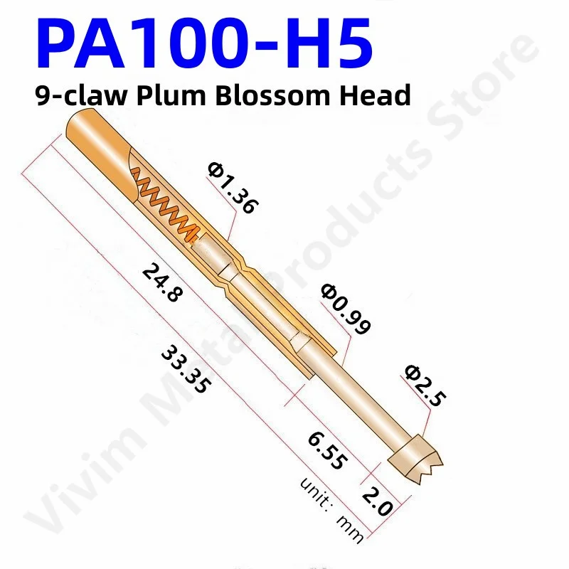 100PCS PA100-H5 33.35mm 9-claw Plum Blossom Head Test Pin Dia 2.5mm Needle Spring Test Probe P100-H5 Test Pogo Pin P100-H