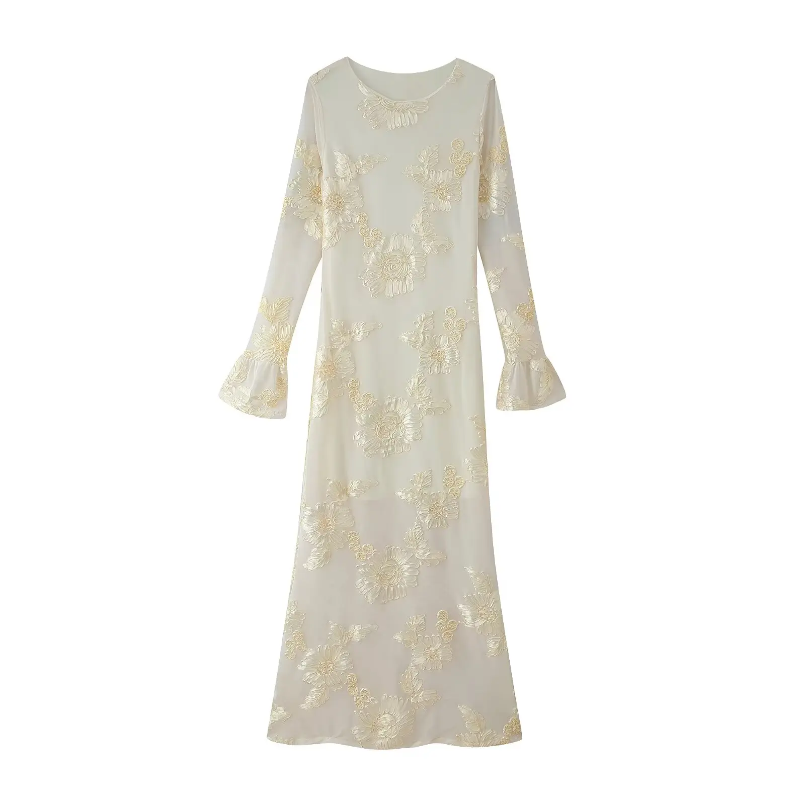 2025 Geborduurde Slanke Jurk Nieuwe Bloemen Mesh Jurk Elegante Feestjurken Voor Vrouwen O-hals Lange Mouw Vestidos Streetwear