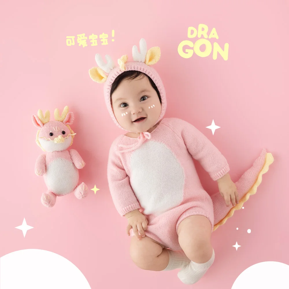 Trajes de fotografía para recién nacidos, ropa de dragón de punto, mono, sombrero, muñeca Loong, accesorios de estudio creativos para sesión de fotos, 100 días