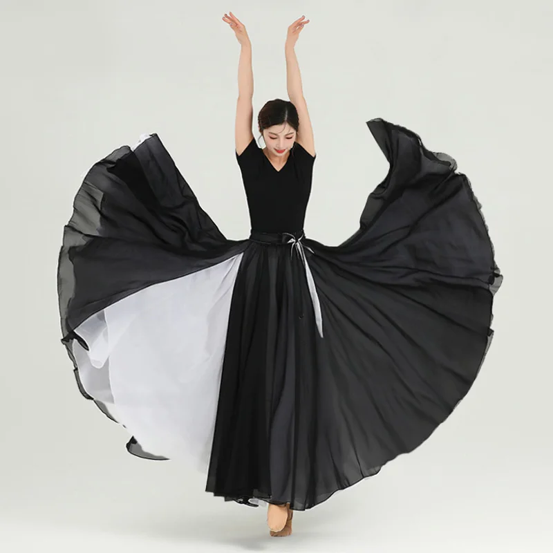 

Classical dance skirt with double layered split 720 degree large swing skirt on both sides, modern dance square dance half skirt