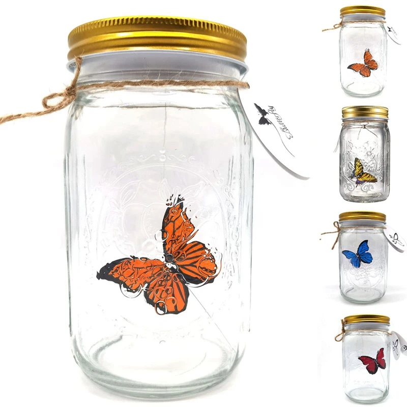 Simulation Butterfly Collection In A Jar, Butterfly Jar That Moves, LED Light Romantic Glass Animated Butterfly