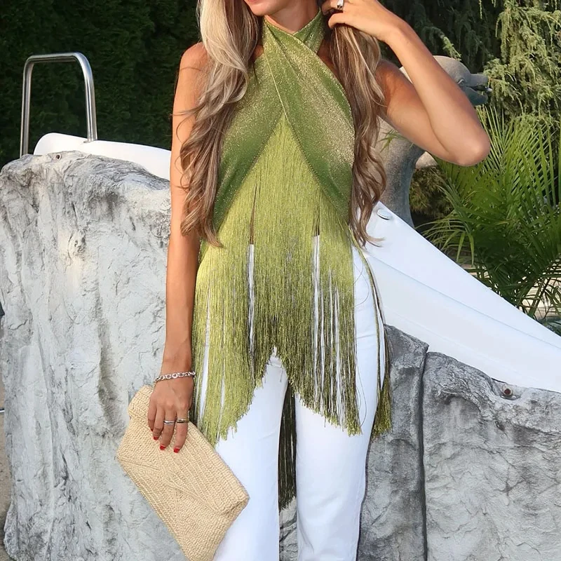 Irregular Sexy Tassel Patchwork Halter Vest Women Vacation Sleeveless Backless Tops 2026 Beach Holiday Party Cover Up Skirt