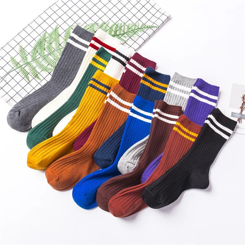 Women Fashion Striped Long Socks Japanese Style Korean Casual Sport Loose Pile Socks Street Skateboard Middle Tube Cotton Socks