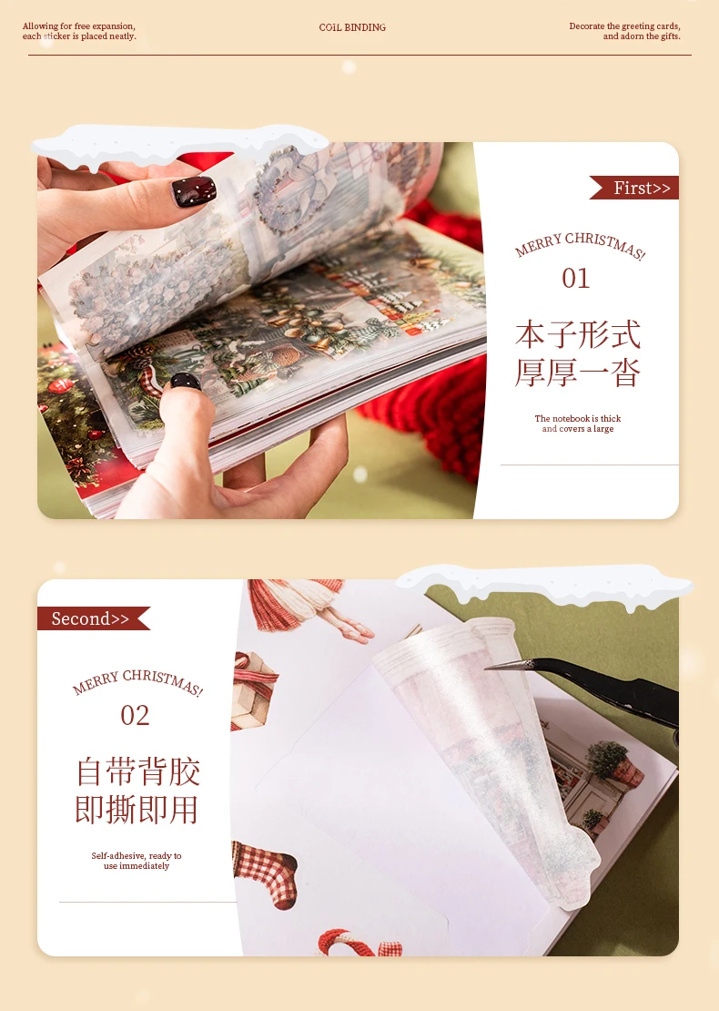 Journal GO 50 Blatt Weihnachts-Stickerbuch Spiralgebunden PET & Washi-Aufkleber für Karten, Scrapbooking, Journale, Planer & Bastelarbeiten – Detail 10
