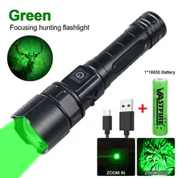 Linterna Verde LED Profesional con zoom para caza, luz nocturna táctica recargable por USB, interruptor de presión, Clip de pistola