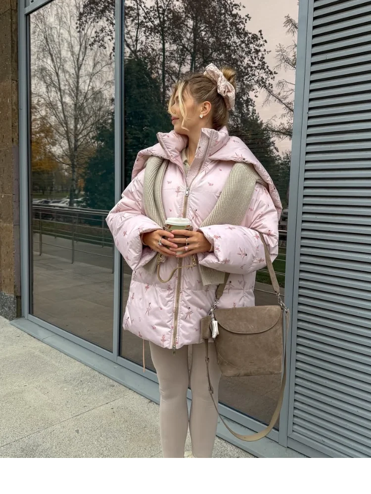 

Women Flora Printed Hooded Cotton Coat Fashion Long Sleeve Stand Collar Zipper Loose Coats Lady Winter Daily Street Outerwear