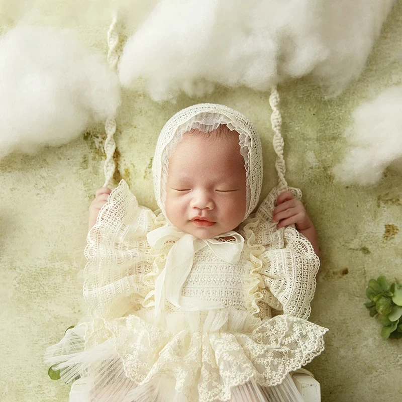 Newborn Photo Props Lace Style Baby Girl Dress Headband Suit Artificial Flower Cloud Shoot Background Decorative Accessories