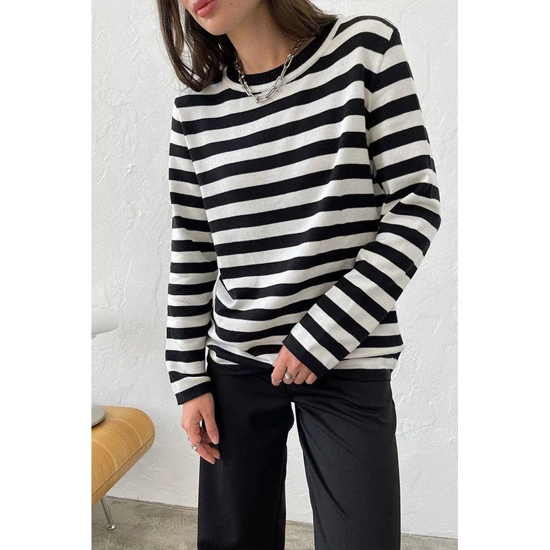 Gebreide Streeptrui Dames 2024 Herfst Winter Losse Casual Retro Dikke Truien Vrouwelijke Warme Tops Met Lange Mouwen En Ronde Hals