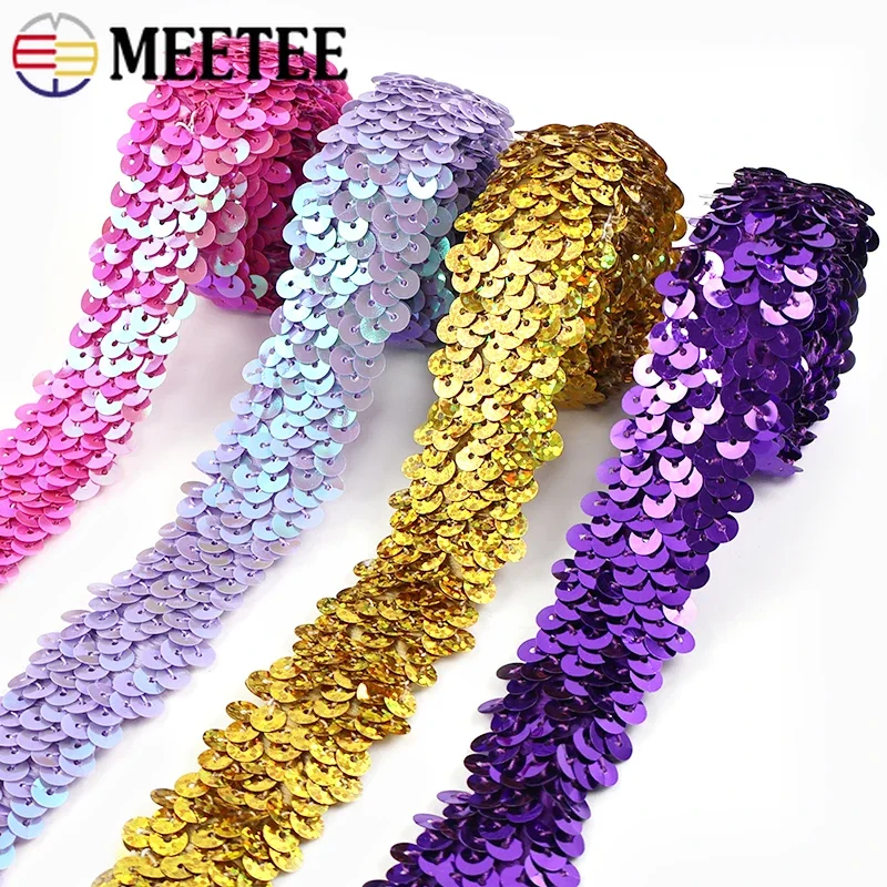 

2/5/10M Meetee 2/3cm Sequin Elastic Lace Trim Ribbon Strech Paillette Tape Dance Dresses Decorative Laces DIY Sewing Accessories