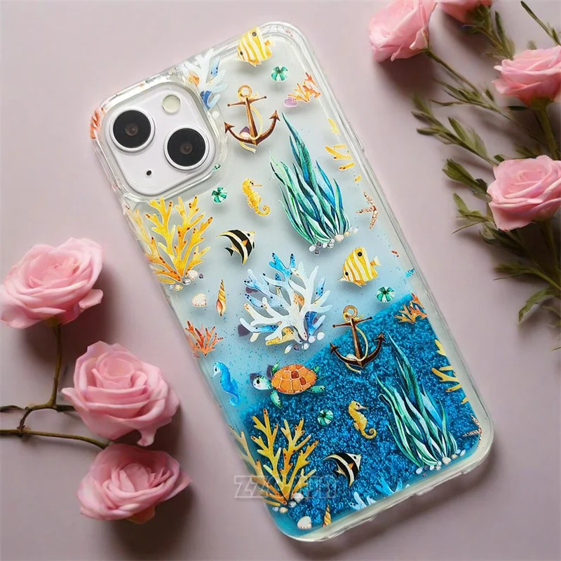 Coral Cat Dolphin For Huawei Mate 60 Pro P60 Nova 11 Pro 10SE 10 Lite 9SE Honor X50 Cases Glitter Shiny Liquid Quicksands Cover