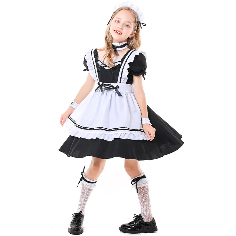 Nieuw Warm Kind Amine Schattige Lolita Franse Meid Cosplay Kostuum Zwart Wit Jurk Uniform Meisjes Serveerster Halloween Feestkostuums