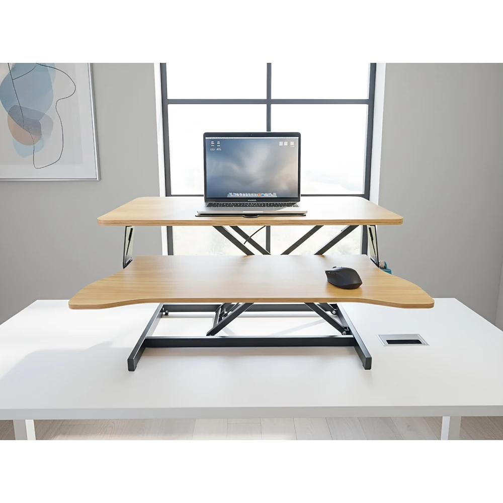 32 Inch Adjustable Sit-Stand Desk Converter: Dual Monitor/Laptop, Wide Keyboard Tray, Natural Color