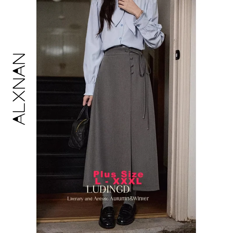 

ALXNAN Серые юбки больших размеров с высокой талией и пуговицами, с завязкой на талии, новые осенние свободные посадки, официальные длинные юбки для поездок на работу D12633