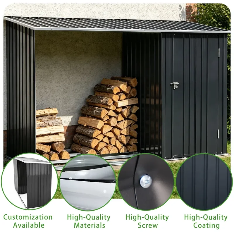 2-in-1 Easy Assembly Large Capacity Metal Firewood & Tool Storage Shed Weatherproof Garden Tool Cabinet for Outdoor Gardening