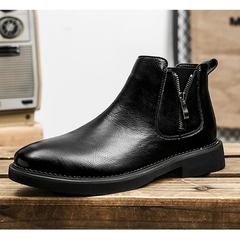 2025 Winter Genuine Leather Shoes Mens Fashion Chelsea Boots Warm Plush British Style Cow Leather Brand Male Footwear D560