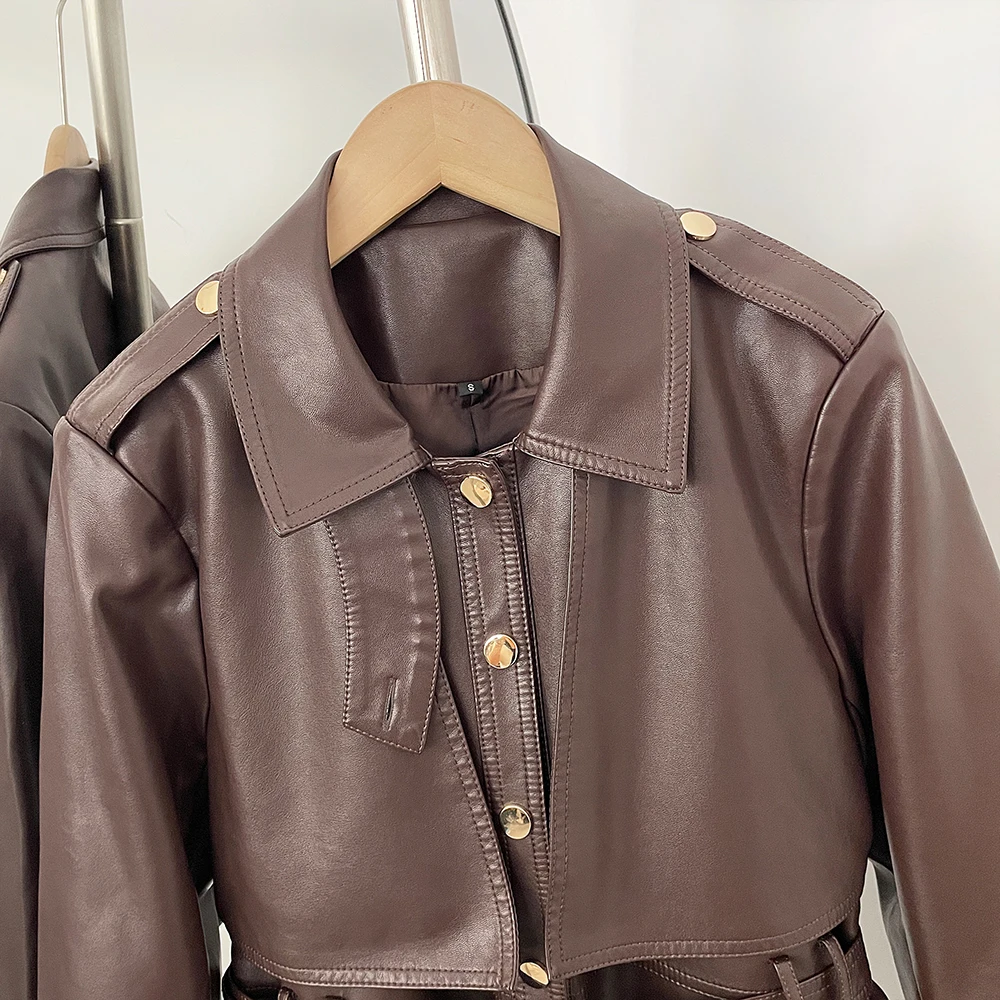 OFTBUY Damen Kunstlederjacke Vintage Gürtel-Motorradjacke mit Taschen Neue Frühlings- und Herbst-Freizeitkleidung Oberbekleidung für Frauen – Detail 8