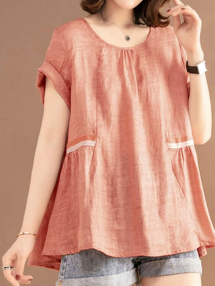 Elegance Chiffon Ice Silk Large Size Top 2022 Summer Women Short Sleeve Patchwork Round Neck Loose Pleated Simple Pullover Shirt