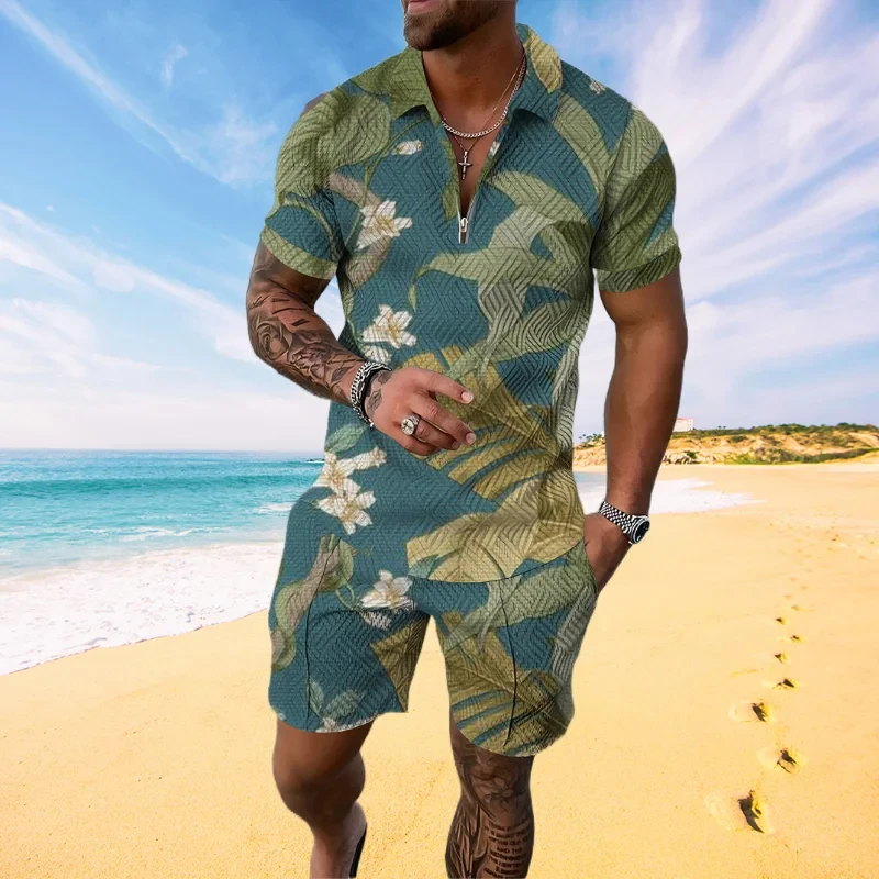 

Summer Floral Plant 3D Print Men Sweatsuit Set Casual Zipper Collar Polo Shirt And Shorts 2 Pcs Sets Holiday Style Clothing