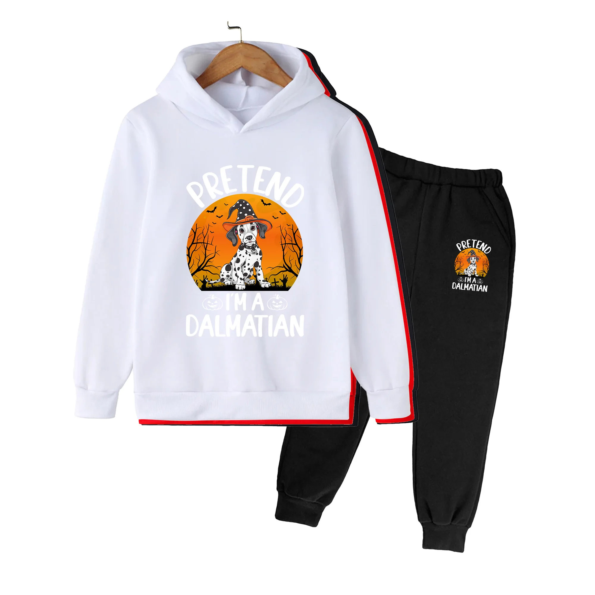 Kids Halloween Dalmatian Print Hoodie & Pants Set, Long Sleeve Casual Outfit for Boys Girls Party Daily Wear