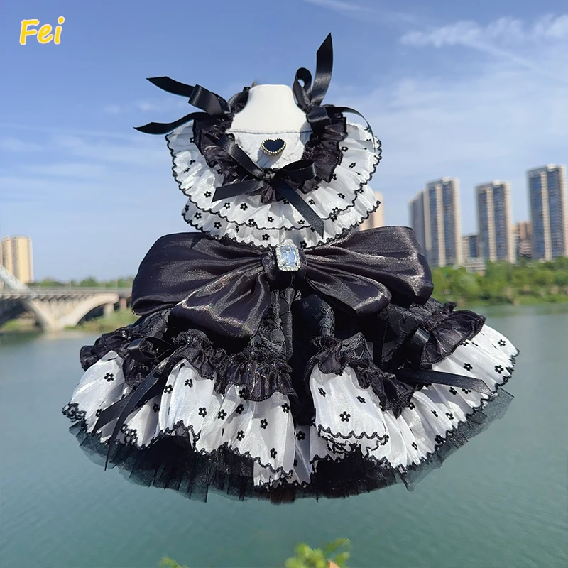 

Luxury Handmade Puppy Dog Clothing Black White Flower Dot Print Long Tail Sling Princess Dress For Small Medium Dog Pet Clothes