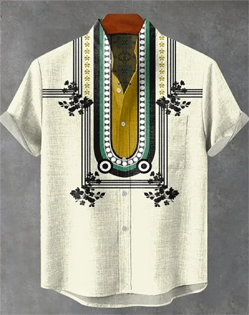 

Новая повседневная мужская льняная рубашка с короткими рукавами и принтом, модный уличный стиль, модный гавайский топ на пуговицах