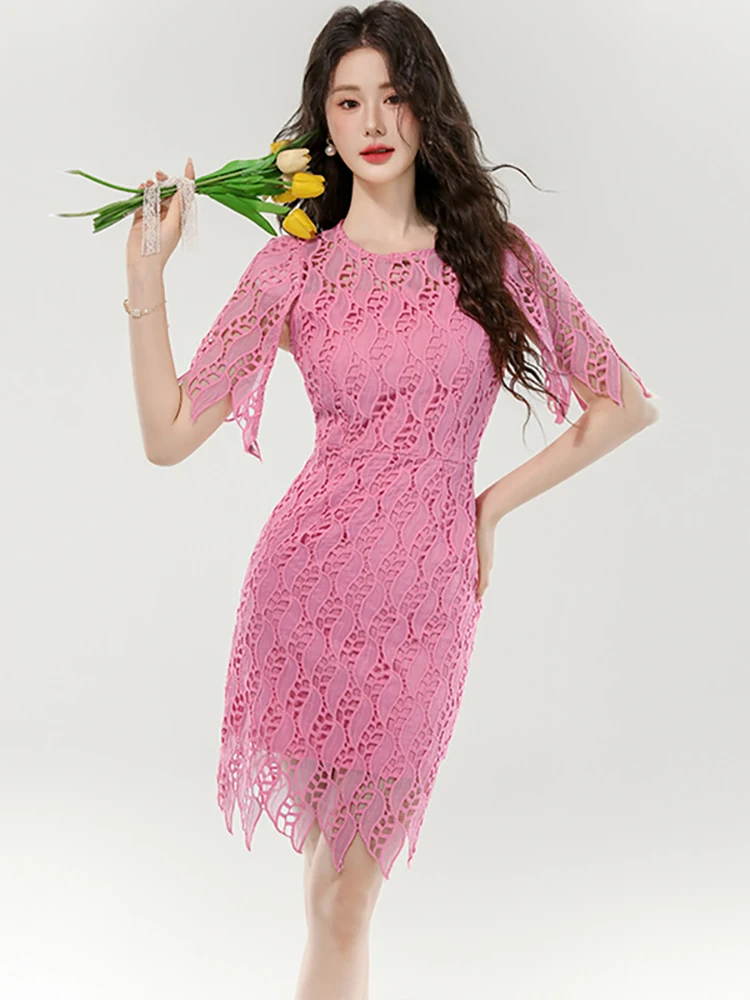 

Women Pink Lace Hook Flower Hollow Midi Dress Summer Short Sleeve Elegant Bodycon Dress 2025 Korean Fashion Casual Holiday Dress