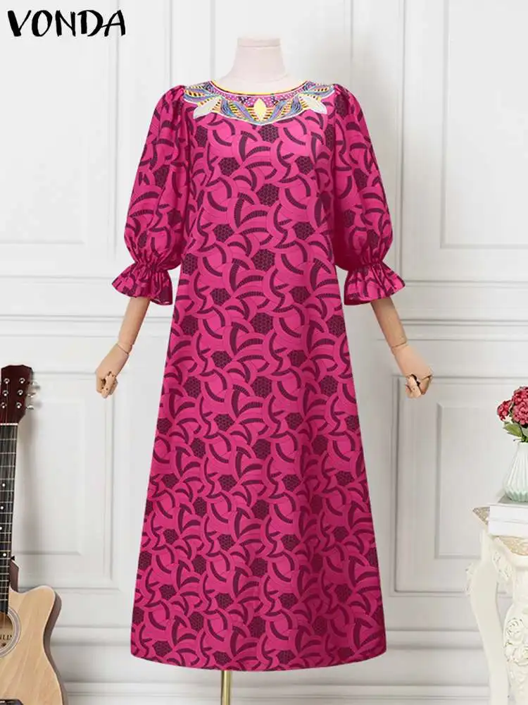 VONDA Plus Size 5XL Women Vintage Maxi Long Dress 2024 Autumn Bohemian Round Neck Lantern Sleeve Sexy Printed Sundress Vestido