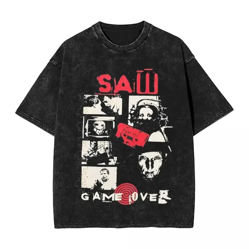 Washed T Shirt Vintage Saw Jigsaw Game Hip Hop   Oversize Horror Movie Billy Streetwear Cotton Tops Tees Men Women